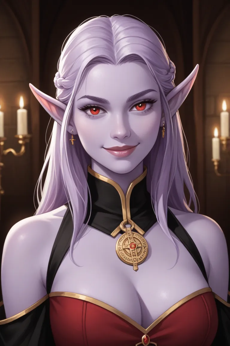 Female Drow Elf with long white hair, lavender skin, red eyes and big chest. Lolth dark cleric. Portrait. Smirking.