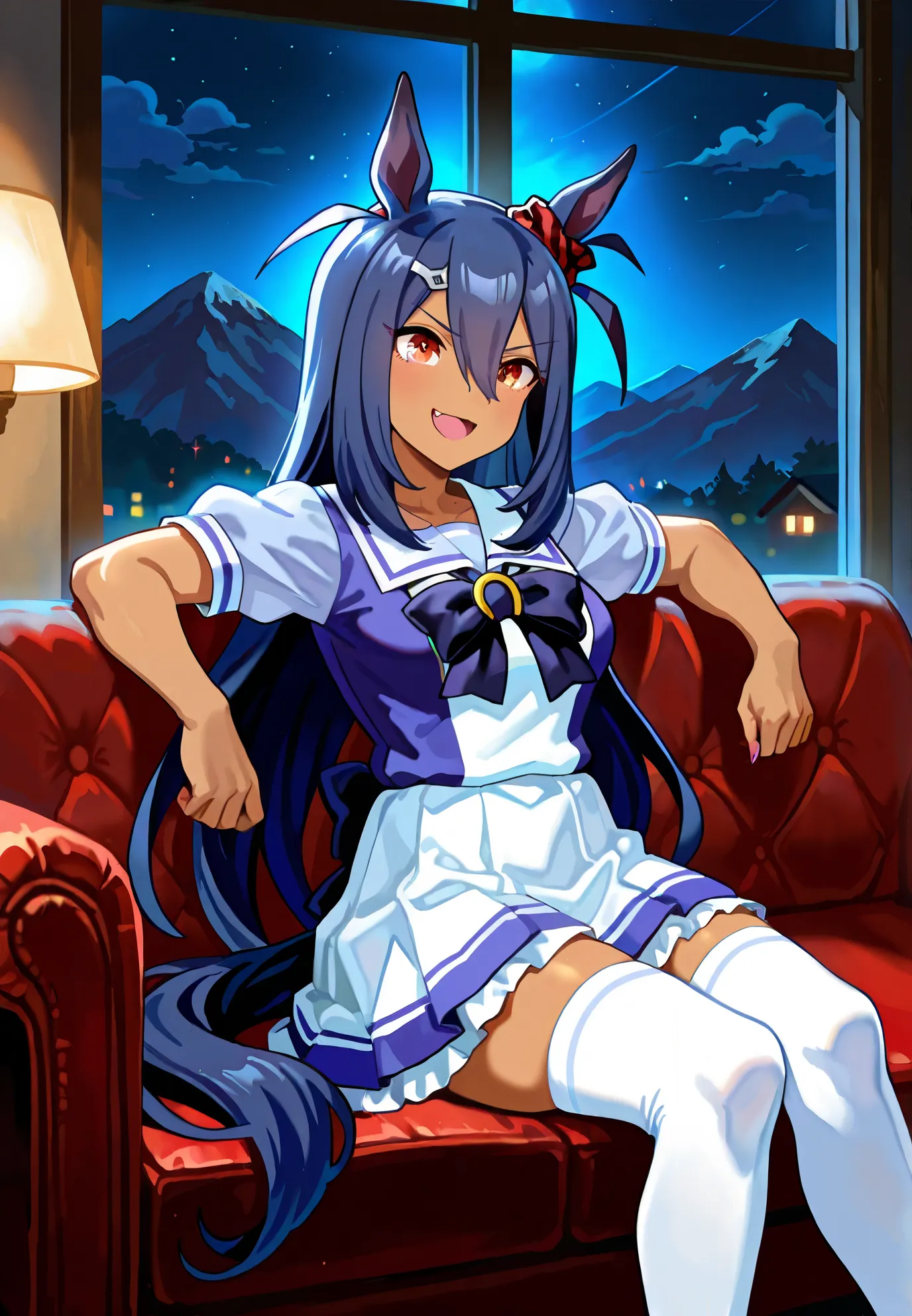 1girl, Hishi Amazon, Uma musume Pretty Derby, sitting on a couch, thigh highs with ribbons, alluring pose, BREAK, night time, mountain cottage, cinematic lighting,