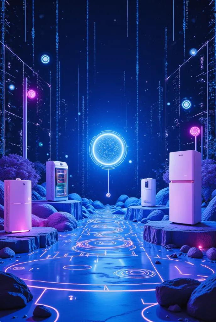 A high-tech, futuristic background showcasing a network of interconnected smart devices, represented by glowing data lines and holographic interfaces. The scene features elements like AI-powered assistants, smart home devices, and floating digital displays...