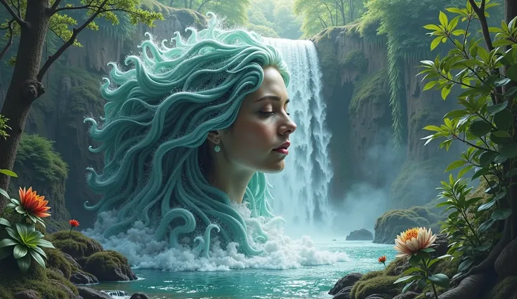 Create a creative poster about the environment and a large waterfall from the woman's head , A lot of kissing, arboles verde,  lots of flowers   
