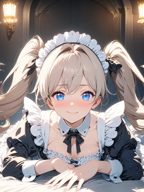  Blonde Twin Tail Maid Daughter , (Highest quality), not exhaustive, 8K product, aesthetics, Volume Lighting, very well detailed (Fairy), (one girl:1.2), perfect face, exhaustive, Double Twintails,  Brant Bang, gray hair,  blue eyes, pink,  Thin Smile , po...