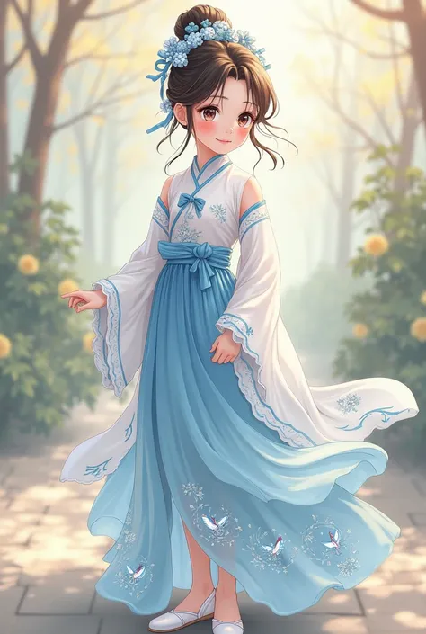 A beautifully detailed anime-style illustration of a young girl wearing a traditional Chinese outfit, standing gracefully with a gentle smile. • The girl has big, sparkling anime-style eyes, long dark lashes, and a soft, rosy blush on her cheeks. • Her hai...