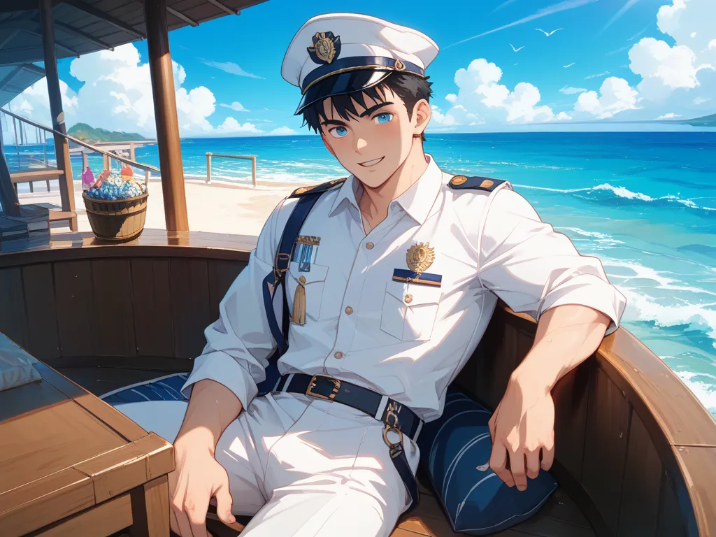 A 29-year-old Japanese male navigator sailing in the sea of the rising sun with a rainbow while watching the ocean with binoculars、He is wearing a white officer's uniform and a white officer's cap、A Japanese male with black hair、Thick, stout physique、 kind...