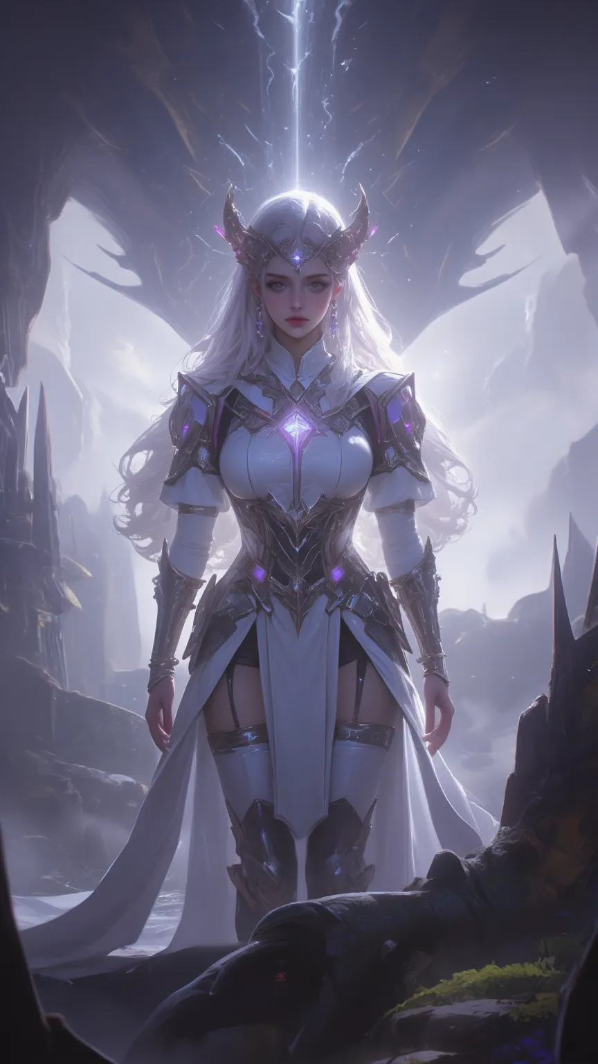 Exploring the mysterious character Amira，Ultra HD dreamy digital art，A mysterious female knight，with flowing silver hair and charming purple eyes，Wears an ethereal white and lilac costume，Standing on a stormy battlefield，In the hazy mist，Her rich materials...