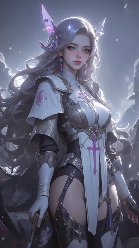 Exploring the mysterious character Amira，Ultra HD dreamy digital art，A mysterious female knight，with flowing silver hair and charming purple eyes，Wears an ethereal white and lilac costume，Standing on a stormy battlefield，In the hazy mist，Her rich materials...