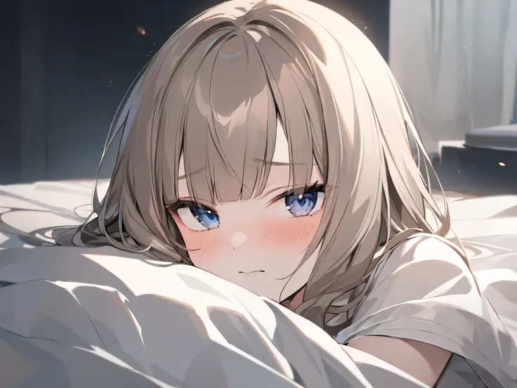 masterpiece、Highest quality、 dark background、blunt bangs、chest length hair、whitish ash brown colored hair、blue dark eyes 、looking here、cut、 lying on the bed、embarrassed expression、upper body