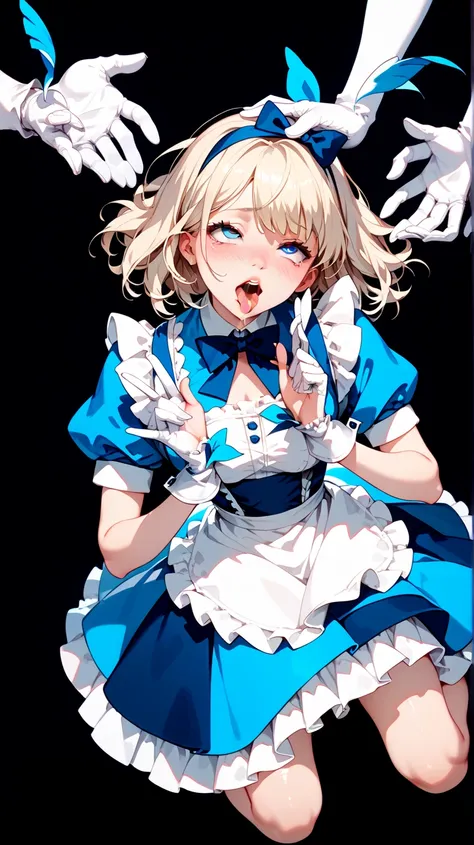 nsfw,  Alice in Wonderland,black background、 focus on the girl, one girl, Alone, Front , full body,  ahegao, Many Hands,Hand with white gloves from wrist to fingertips , tickled by Hands with White Gloves , Multiple white gloves,Hand with white gloves touc...