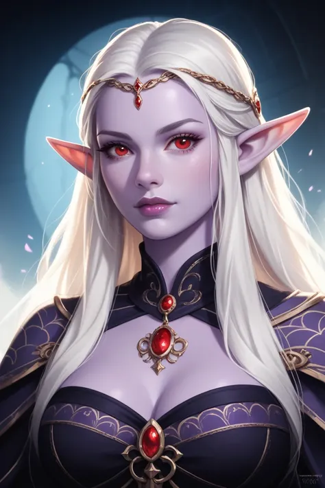 Female Drow Elf with long white hair, lavender skin, red eyes and big chest. Lolth dark cleric. Portrait. 