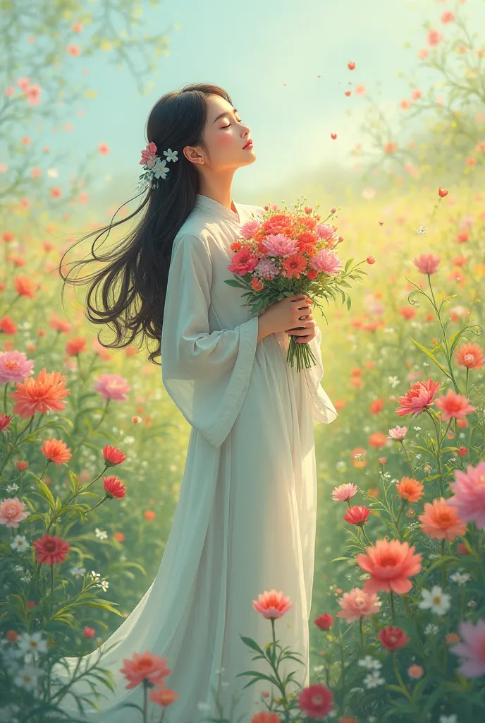 anime cartoon character woman, graceful, e,  eyes closed, smile,  long hair,  wearing Vietnamese long dress, holding bouquet standing in the middle of a field of flowers