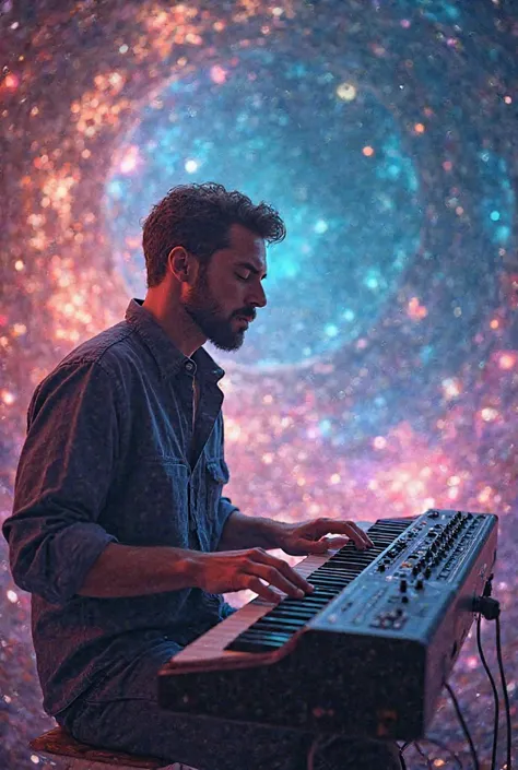 White man with closed eyes plays ionica model korg pa5x and enjoys in extraordinary beautiful full of colors and effects background