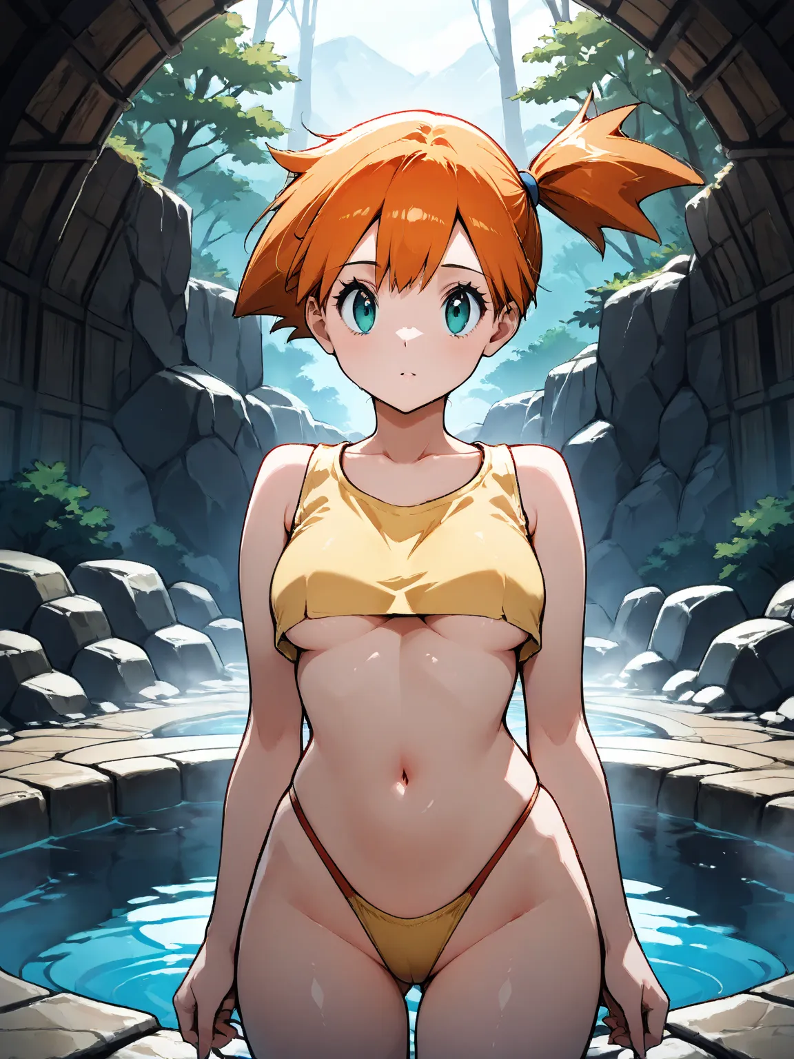 misty \(pokemon\), side ponytail, aqua eyes, small breast, 8k, Obra maestra, mejor calidad, ultra detallado, detalles intrincados, hiper calidad, alto detalle, profesional, HDR, cinematic lighting, panoramic view, beauty eyes, ((anatomically perfect)), in ...