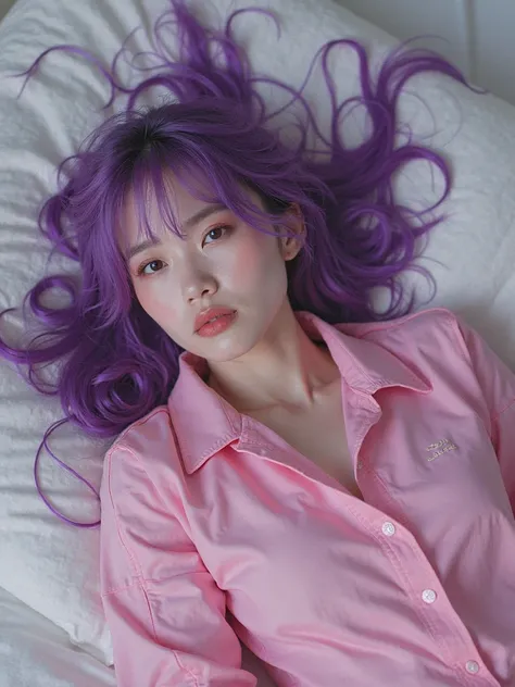 girl lying in bed with pink battle boots ,rosa Shirt, purple hair, detailed, realistic, studio lighting, Perfectly sharp , fotorealistice malerei,  beautiful colors , delicate skin