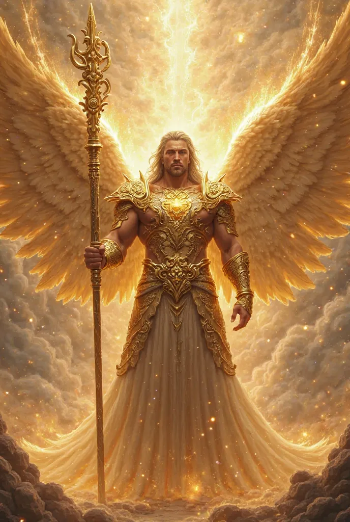 Generate a male heavenly warrior without wings in his glory holding a long straight golden staff suspended 