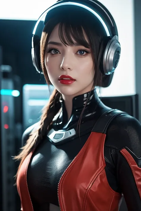 close-up of a woman wearing a futuristic helmet and red lipstick, Cyberpunk Jackie Wells, cgsociety 9, style for stilets = Retro futuristic , beautiful android woman , female android , retro futuristic fashion , movie「 Blade Runner 」Still image of, Female ...