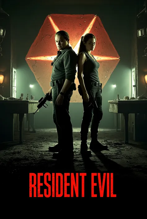 Create a dark, atmospheric poster featuring Leonardo DiCaprio as a haunted scientist and Angelina Jolie as a relentless Umbrella Corporation operative. The two stand in a dimly lit, decaying laboratory, surrounded by shattered glass, flickering lights, and...