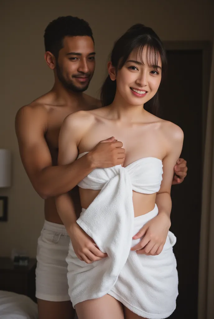 (Highest quality、4K、Hi-Res)、front view、Woman wrapped in a towel、Black man removes towel from woman's back、poor bust、hotel、Smiling at the camera、ponytail、