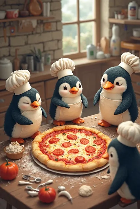 Penguins making pizza 