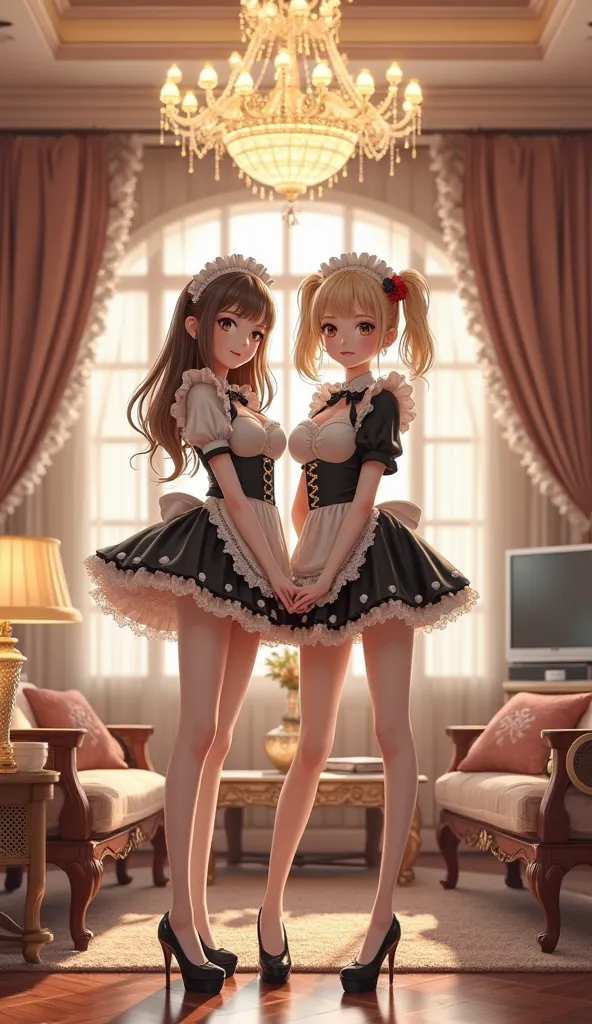 2 girls, cute maids, ponytail, twin tail, medium breasts, maid outfit, knee-high stockings, high heels, (luxurious mansion living room:1.2), chandelier, lace curtains, large TV