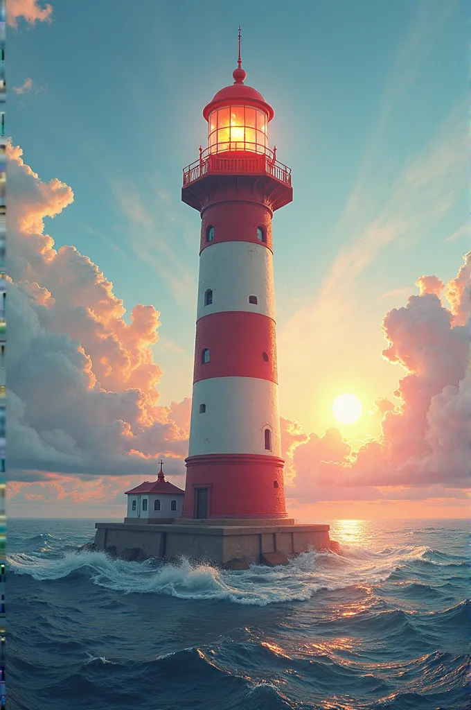 A red and white lighthouse in front of a sea and a burning horizon emerges the sun emitting iridescent rays and the sky is light blue with beautiful white clouds 