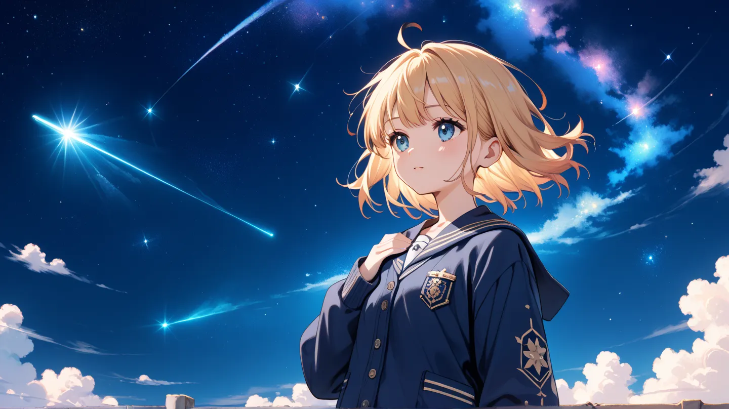 "Girl looking up at the starry sky on a quiet night hill。Countless stars and shooting stars twinkle in the night sky、Soft light pouring down on her face。The girl has a navy blue cardigan and skirt、gently place her hands on her chest。Quiet and fantastic sce...