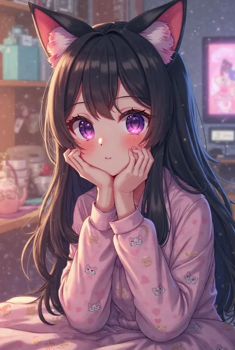 Cherry (Female) streamer, purple eyes, gamer, black hair, cat pajamas, lazy, pretty, anime girl, nice, soft