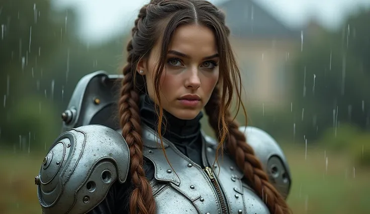 rain, beautiful 21 curvy, sexy Texas woman, amber eyes, long brown braided hair, chrome war torn Military mech Space Suit, epic character composition, sharp focus, French Estate in the background, natural lighting, subsurface scattering, 85mm, film grain, ...