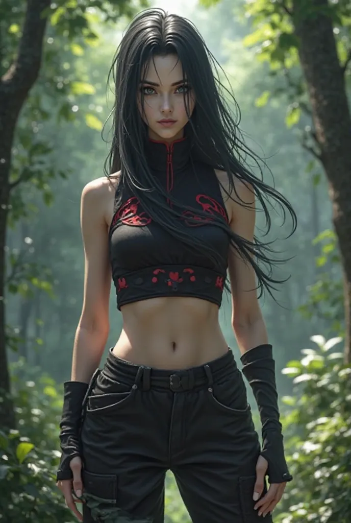 I want a ninja character from Konoha with long black hair with black eyes and a sleeveless black croopd with a high collar and red details and a black Naruto-style cargo pants   