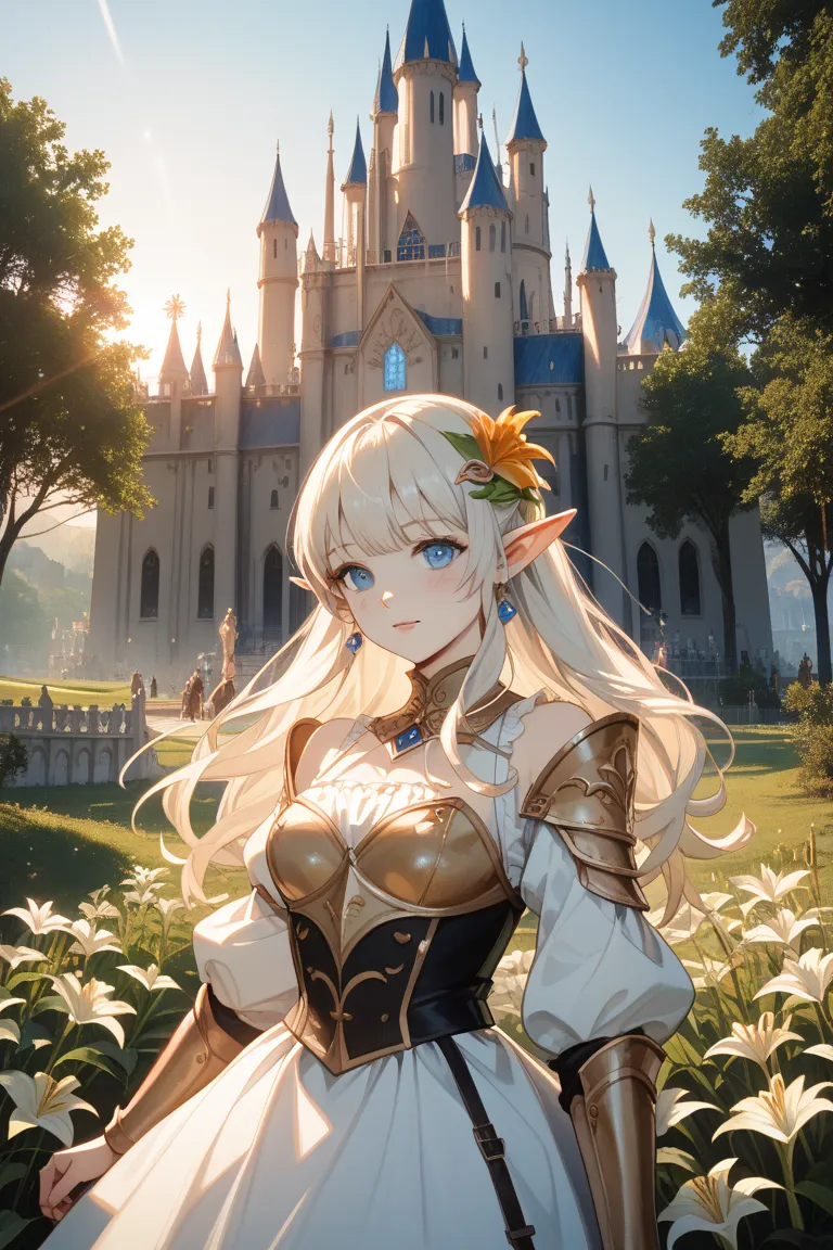 masterpiece, a beautiful elf knight (Lily Larimar 1.0), bright Eyes, by rubio, wide shoulders, Strong body, Pale skin with lots of detail and light freckles., high detailed filigree elf armor, outside, (skin texture:1.1), Best Quality, ultra high resolutio...