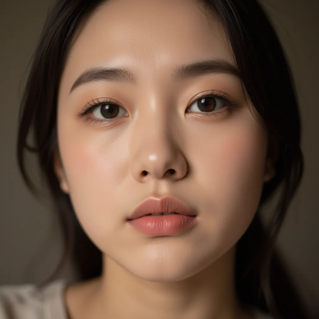 [Close-up portrait of a young woman displaying a neutral to slightly pensive expression; soft, natural makeup enhances her features], [Photography, Portrait, Beauty], [No specific artist reference], [Soft, warm lighting, emphasizing smooth skin texture and...