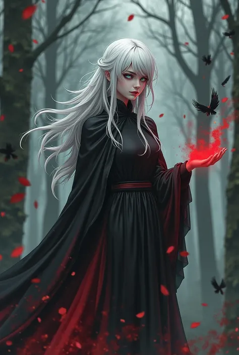 A gorgeous woman, with white dead eyes, plae complexion, and a white messy hair. She's wearing a black silk dress and a black cloak. She's standing in the middle of the forest, black feathers falling. Her hands emits black and red smoke. Semi realistic ani...