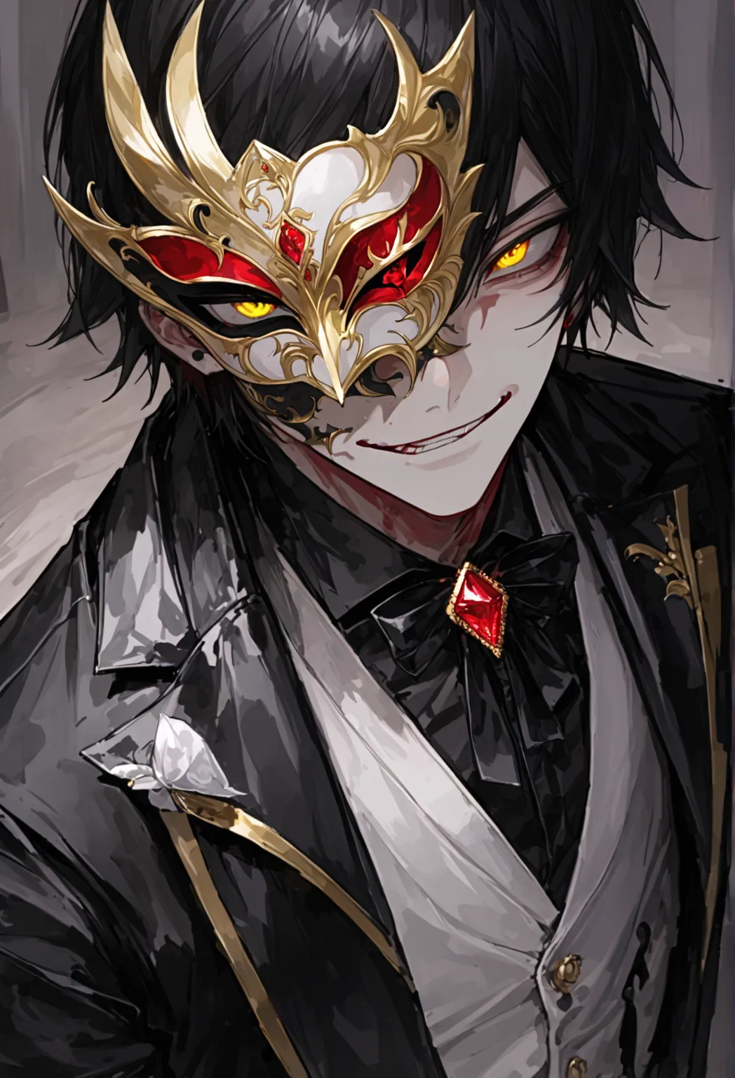 ((걸작, top quality)), alone, male, black hair, bangs,  with gold eyes, Gold half mask,  Colorful Mask , smirk on her face, black shirt, white vest, black ribbon, head with red jewel in the middle, black coat, The most prom party , Gorgeous face,


