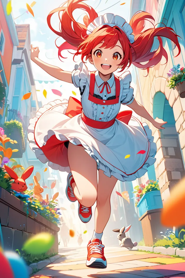 1 girl,red hair twin tail,Maid Hair Ornament,Frill Maid Clothes,Red High Top Sneakers,Running girl,Smiling Rabbit,Parallel Running Rabbit,Colorful Color Block