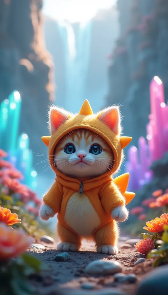  realistic cute kitten　Put on the Pokémon Shelder costume　Stand up　 Fantastic Scenery