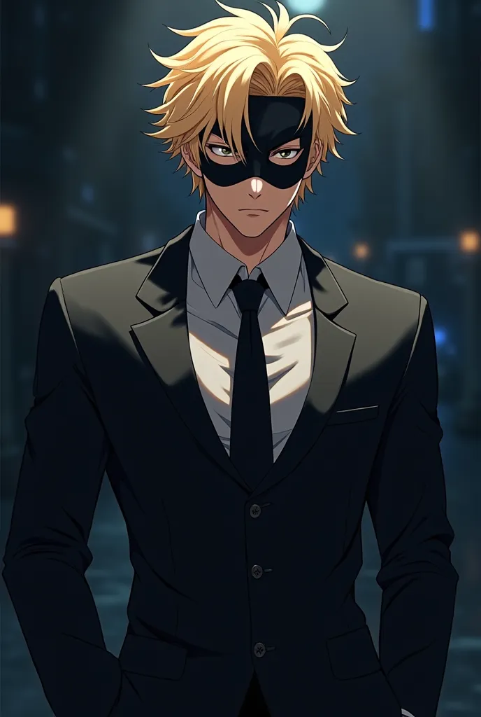 Male, anime,mask, handsome, masculine, close up, black suit, blond curly hair, mono black eye, looking down at the camera, mischievous look, night, buffed