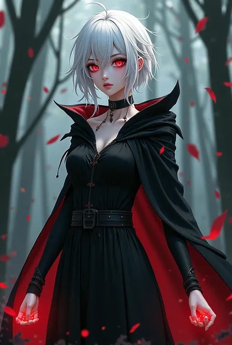 A gorgeous woman, with white dead eyes, plae complexion, and a white messy hair. She's wearing a black silk dress and a black cloak. She's standing in the middle of the forest, black feathers falling. Her hands emits black and red smoke. Semi realistic ani...