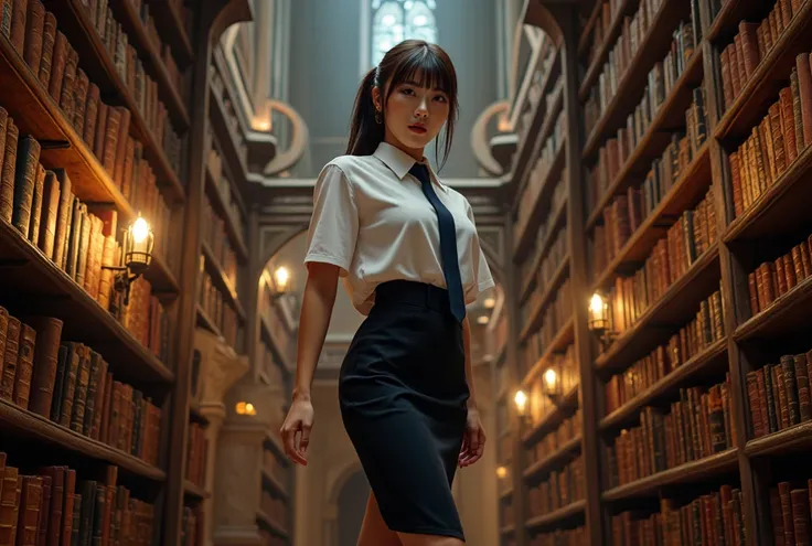 sexy beautiful Japanese woma, a self-defense officer uniform, wearing a white long-sleeve shirt, navy tie, navy pencil mini skirt, sexy black patent high heels, Beautiful hip-line, Beautiful thighs, a Woman is trying to remove a book from a bookshelf, a wo...