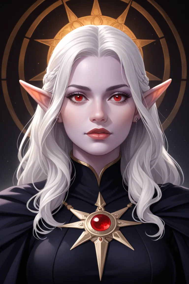 Female Drow Elf with long white hair, lavender skin, red eyes and big chest. Lolth dark cleric. Underdark. Portrait. 