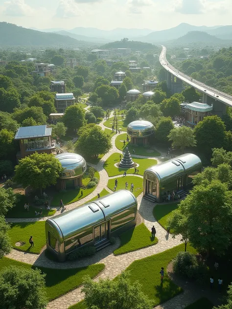 Panoramic aerial view Solar punk village, Lots of green areas with grass, some small mirrored buildings, some buildings with European architecture, luxurious, ultra future tram, people walking.