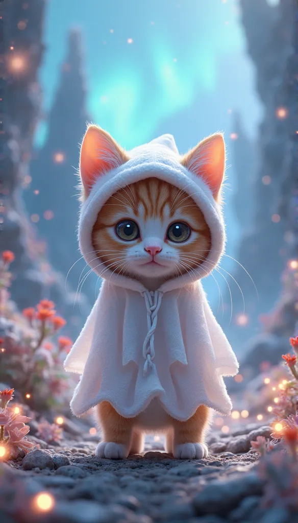  realistic cute kitten　Put on a Pokémon ghost costume　Stand up　 Fantastic Scenery