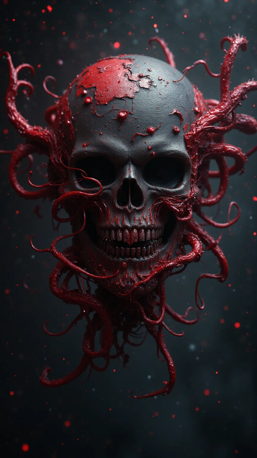 「Floating against a dark void background、A creepy, complex, monstrous face。The skeleton-like masked face、Covered in red tentacles and tangled organic shapes、Sharp fangs peek out from the mouth。The decayed texture and reddish-black color tone、Fine details c...