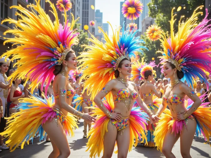 Create a vibrant and energetic scene inspired by the Brazilian Carnival. The image should feature a lively festival atmosphere with dancers adorned in elaborate costumes decorated with colorful bird feathers and exotic flowers. The setting is filled with j...