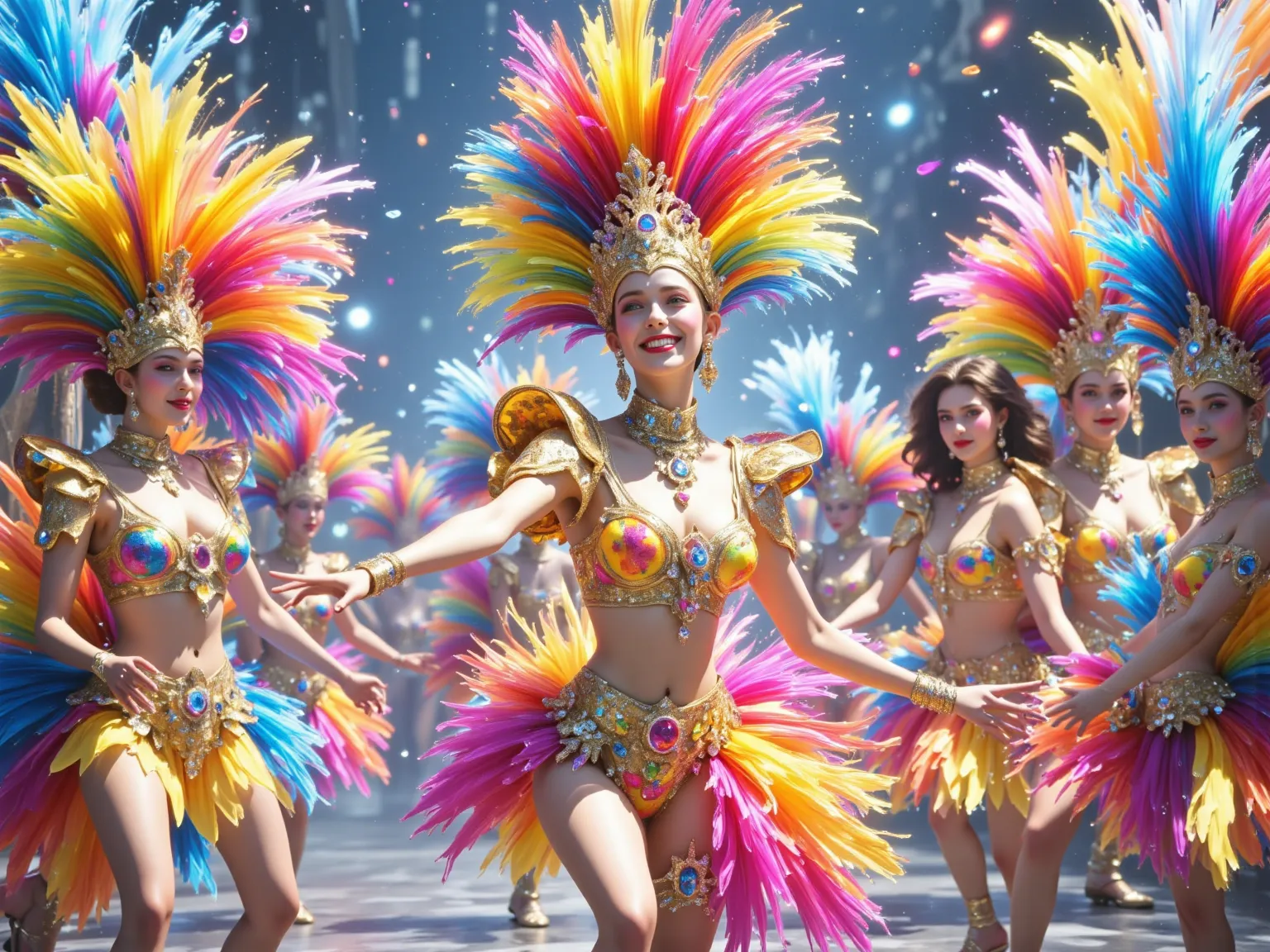 Create a vibrant and energetic scene inspired by the Brazilian Carnival. The image should feature a lively festival atmosphere with dancers adorned in elaborate costumes decorated with colorful bird feathers and exotic flowers. The setting is filled with j...