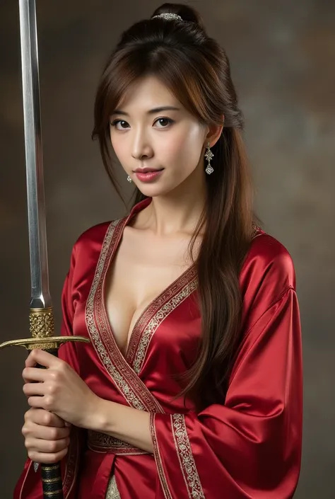 A graceful oriental woman with big breasts with her hair tied up,  she is a warrior  ,  female leader、   Slim and Attractive Body,  she's skinny and sexy, She's sweaty in a combat position,  She has long hair   , She's in an aggressive position, She's rele...