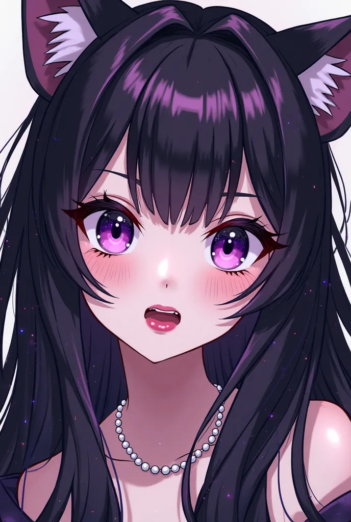 I want a Kuromi Without any kind of skull animated Japanese-style version you only see her face in purple and black, She has a white pearl necklace and long eyelashes and long hair is for a decal