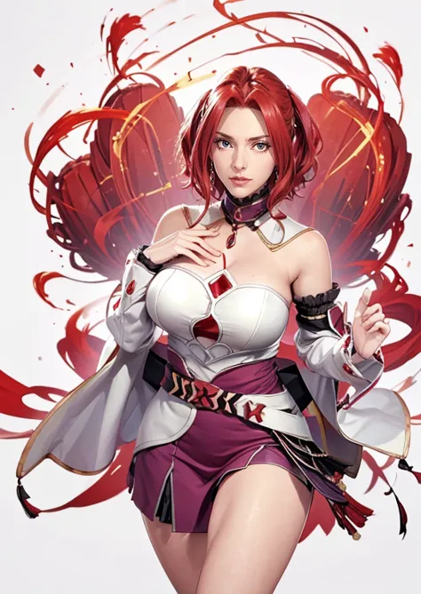 make a beautiful red-haired girl with yellow eyes,  crimson red hair （（（perfect figure，figure，black Japanese clothing,White feather woven, （（（bleach，Scars on the chest, red eyes））），S-type figure:1.7））），((masterpiece)),high resolution, ((Best quality at bes...