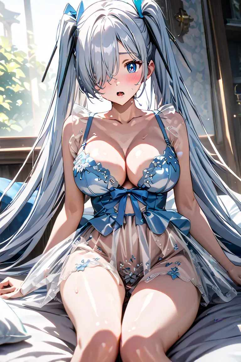  Cinderella, white hair, hair over one eye, white pupils, twintails, long hair, very long hair, blue eyes, large breasts,,wet 、 juice 、dynamic、（ viewed from directly below:1.5）.  black ribbon、（  Gloomy Eyes:1.3）,saliva、   open your mouth 、( masterpiece:1.3...