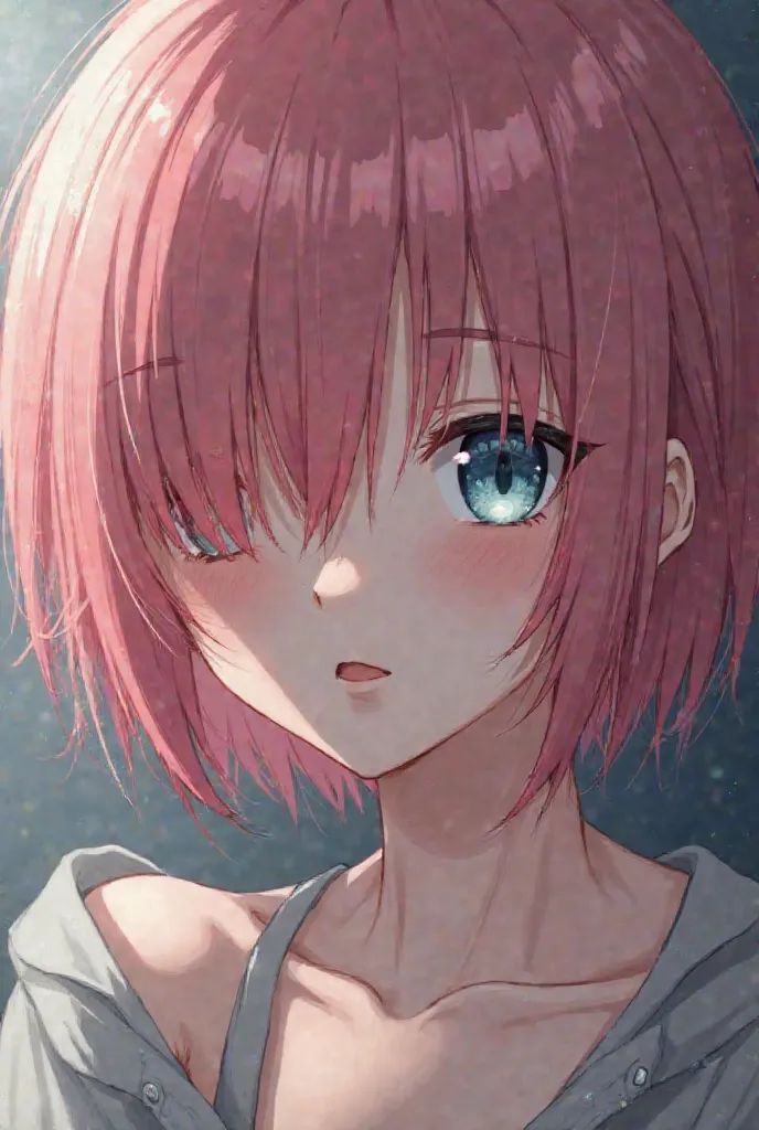 Anime girl with short pink hair and straight eyes covered by her hair