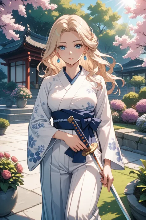 A beautiful woman wearing a white hakama carrying a Japanese sword