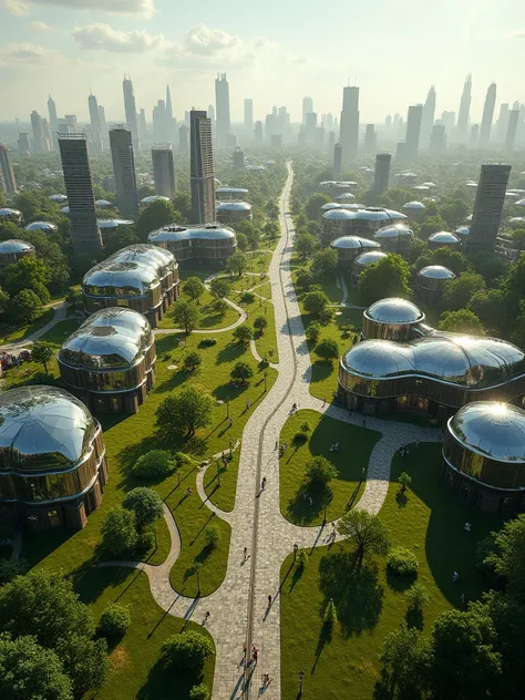 Panoramic aerial view Solar punk village, Lots of green areas with grass, some small mirrored buildings, some buildings with European architecture, luxurious, ultra future tram, people walking.