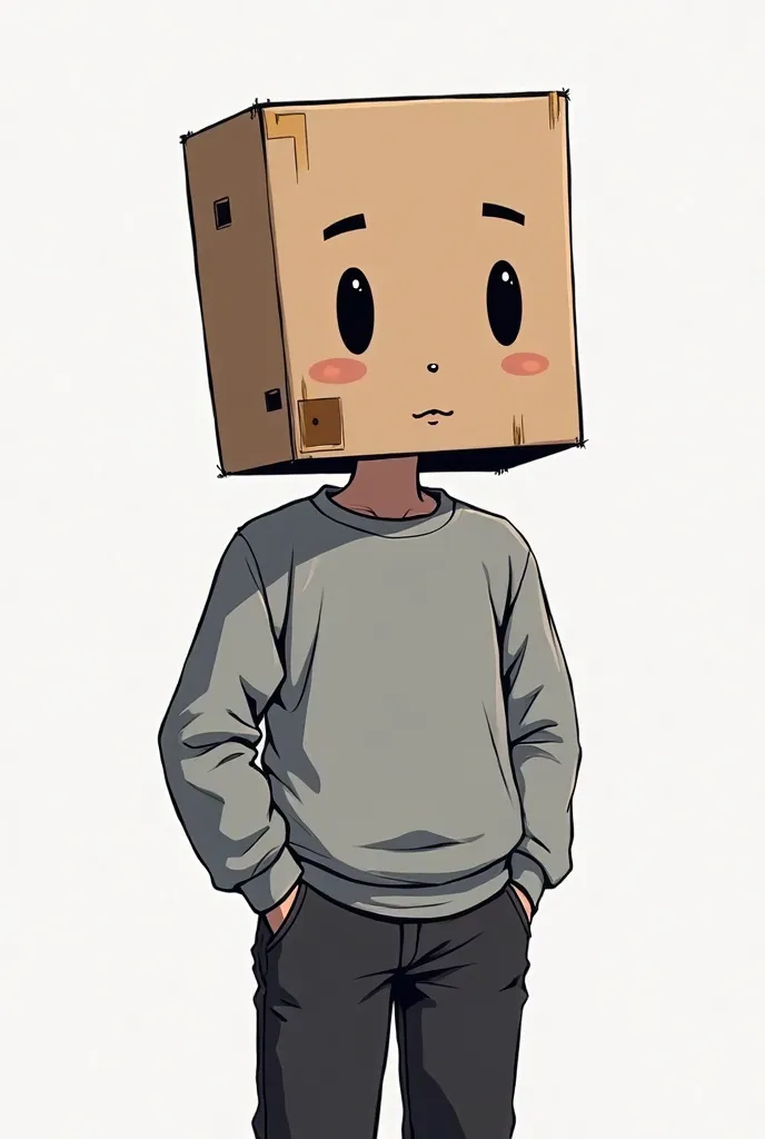 Draw a black book-style anime boy, with a gray sweatshirt and black pants , Your head is made of cardboard, your facial expression is drawn by traits. 